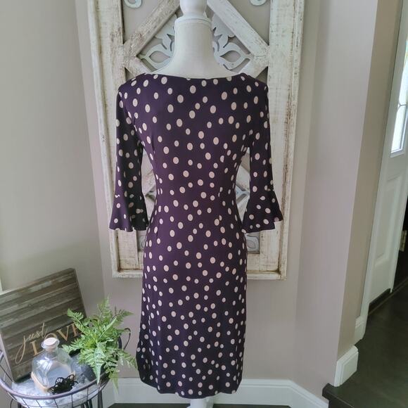 Connected Apparel Women Petite Flounce Bell Sleeve Faux Wrap Midi Sheath Dress - Picture 7 of 10